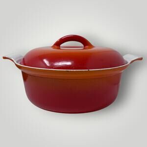 Vtg Descoware Belgium Vintage Enamel Cast Iron Dutch Oven Flame Orange Red 2QT